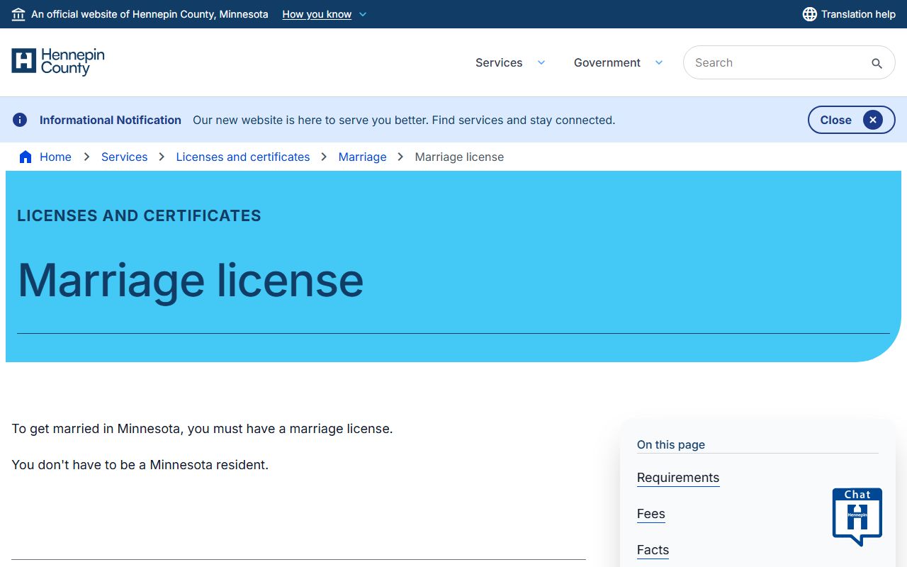 Hennepin County marriage license information page
