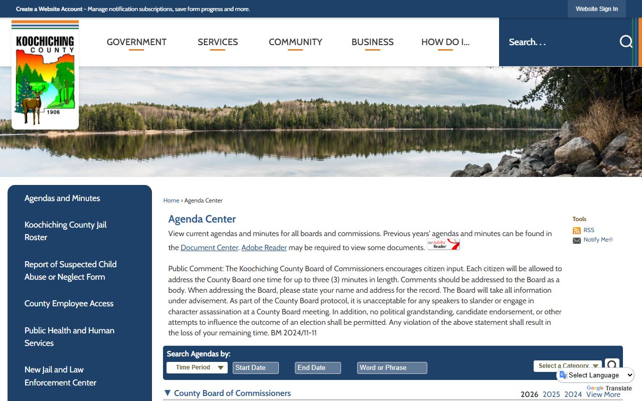 Koochiching County marriage license page showing application requirements and office contact information