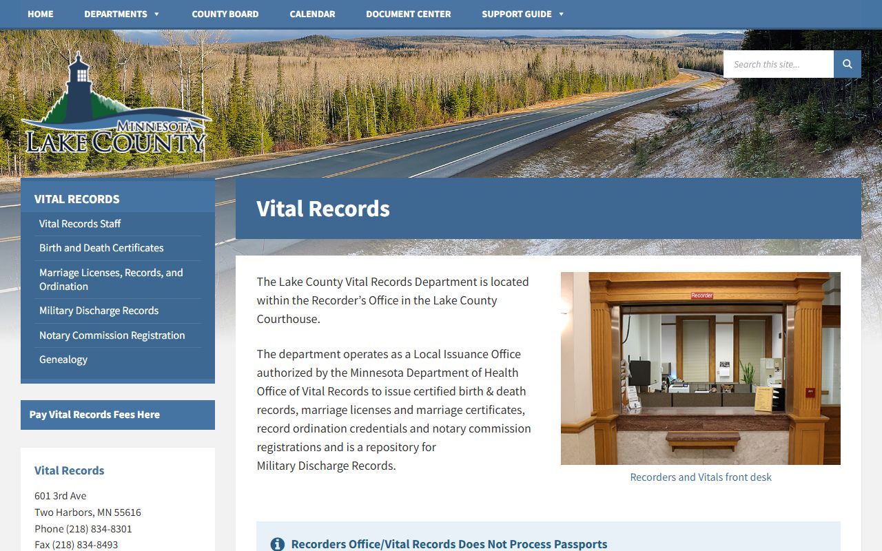 Lake County vital records page listing certified copy request options for marriage licenses