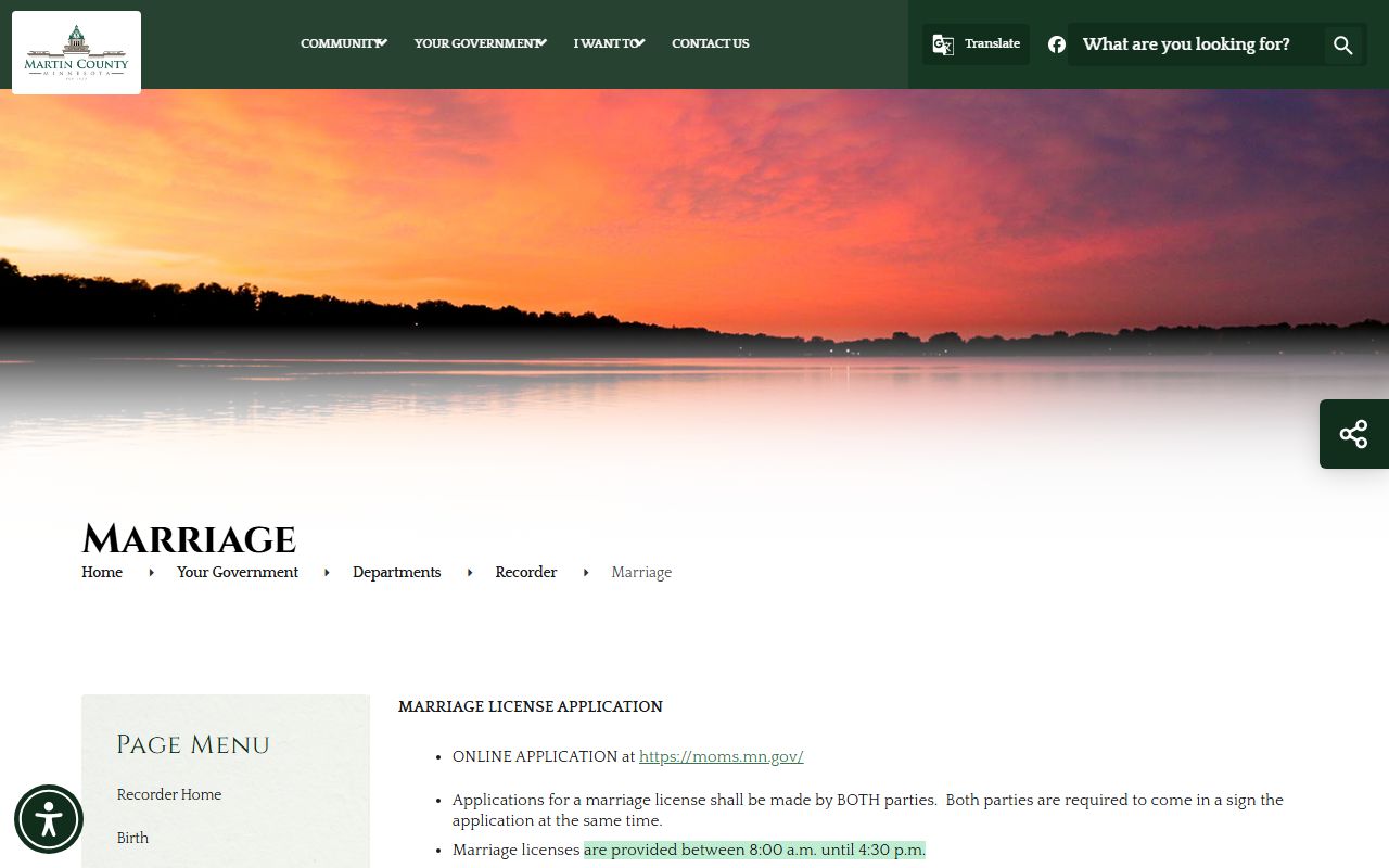 Martin County Recorder marriage license page