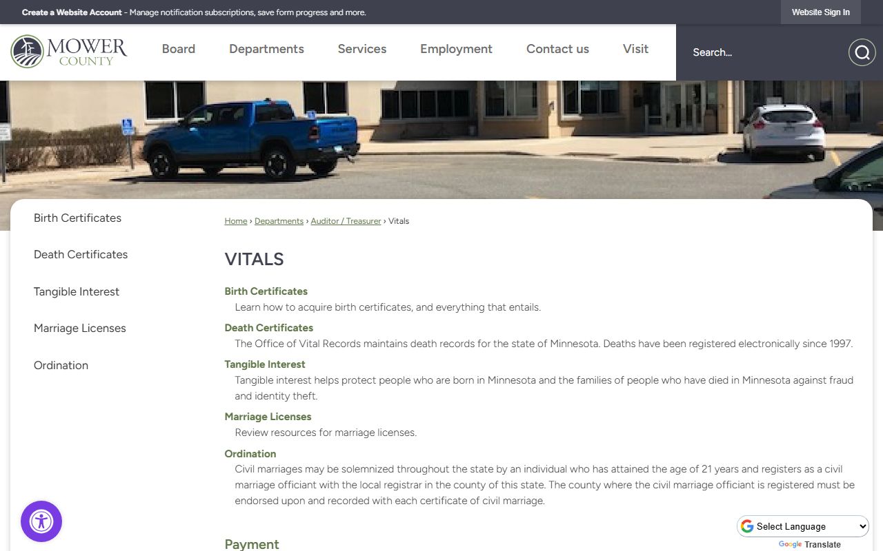 Mower County Auditor-Treasurer office page for marriage license applications