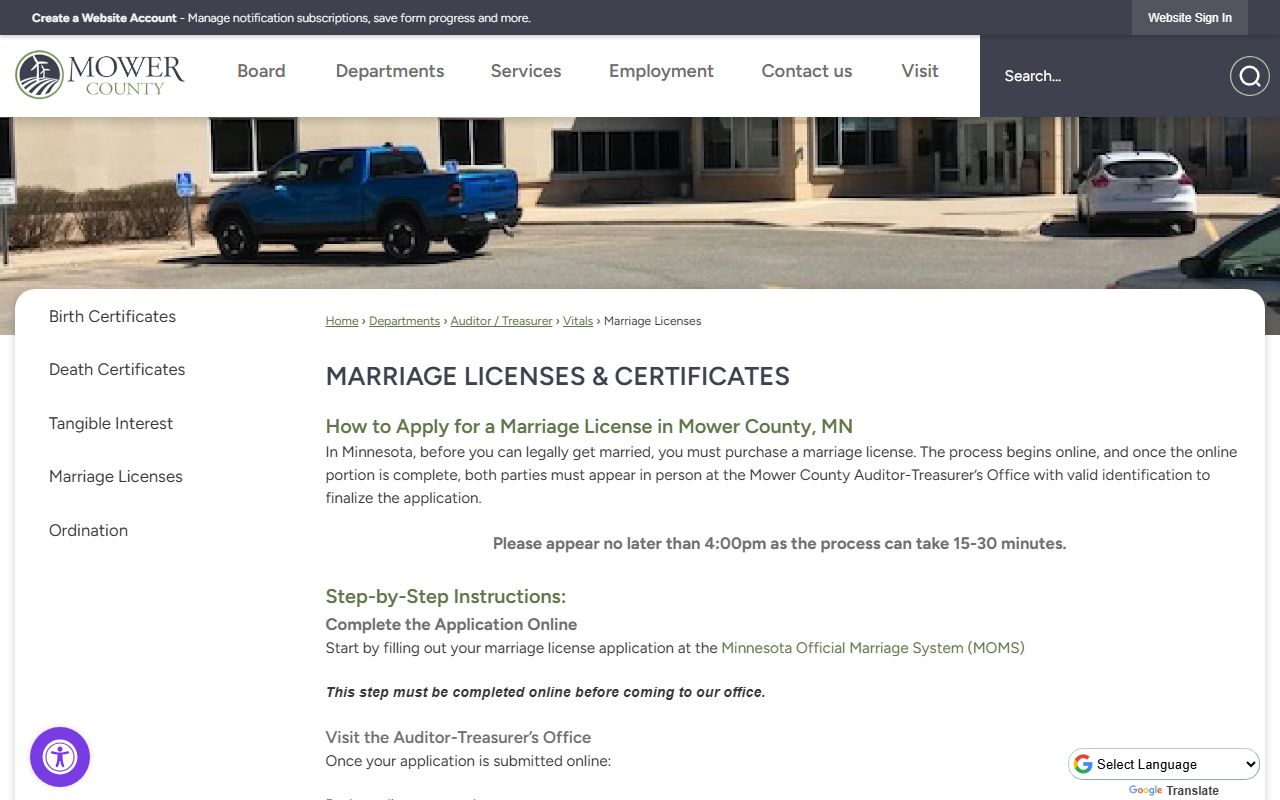 Mower County marriage license information page showing application requirements
