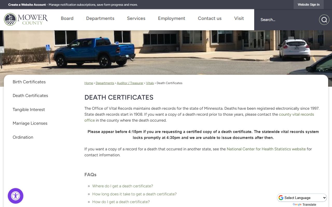 Mower County vital records page showing marriage certificate and certified copy information