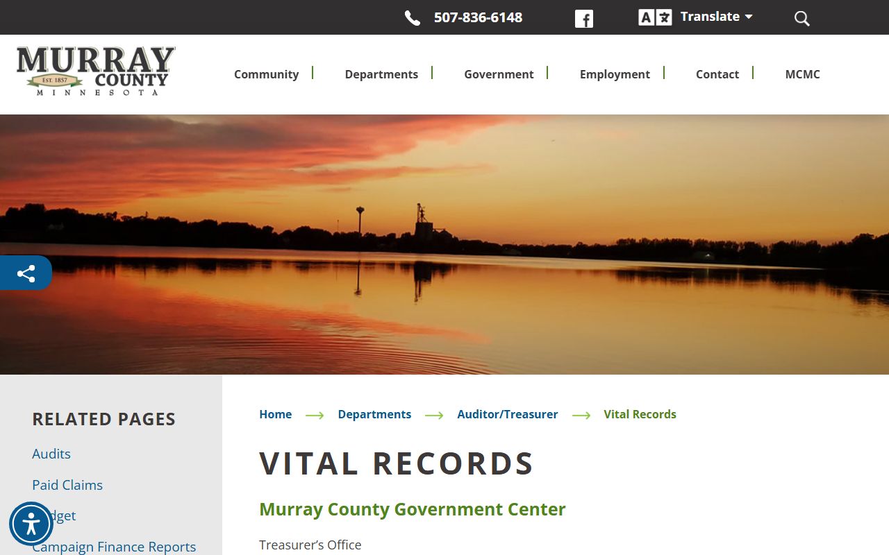 Murray County vital records page showing marriage license and certified copy information