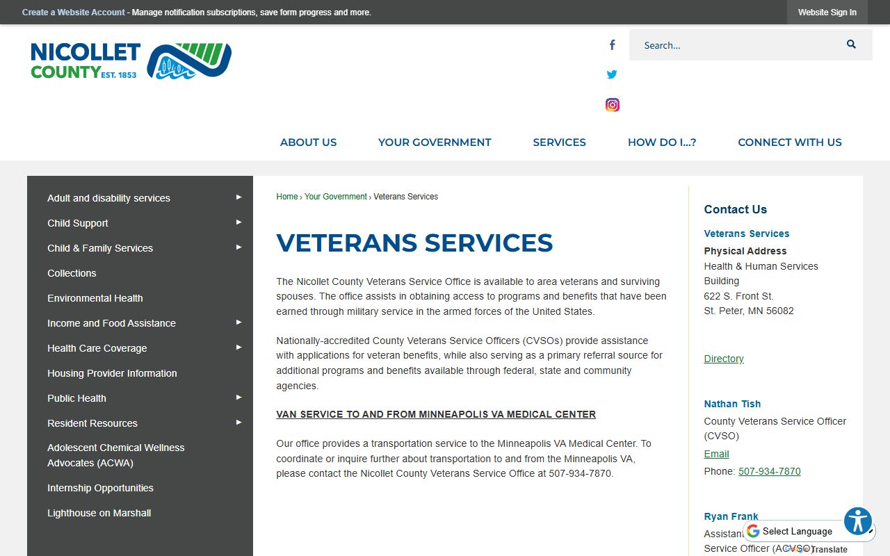 Nicollet County vital records page showing marriage certificate and certified copy services