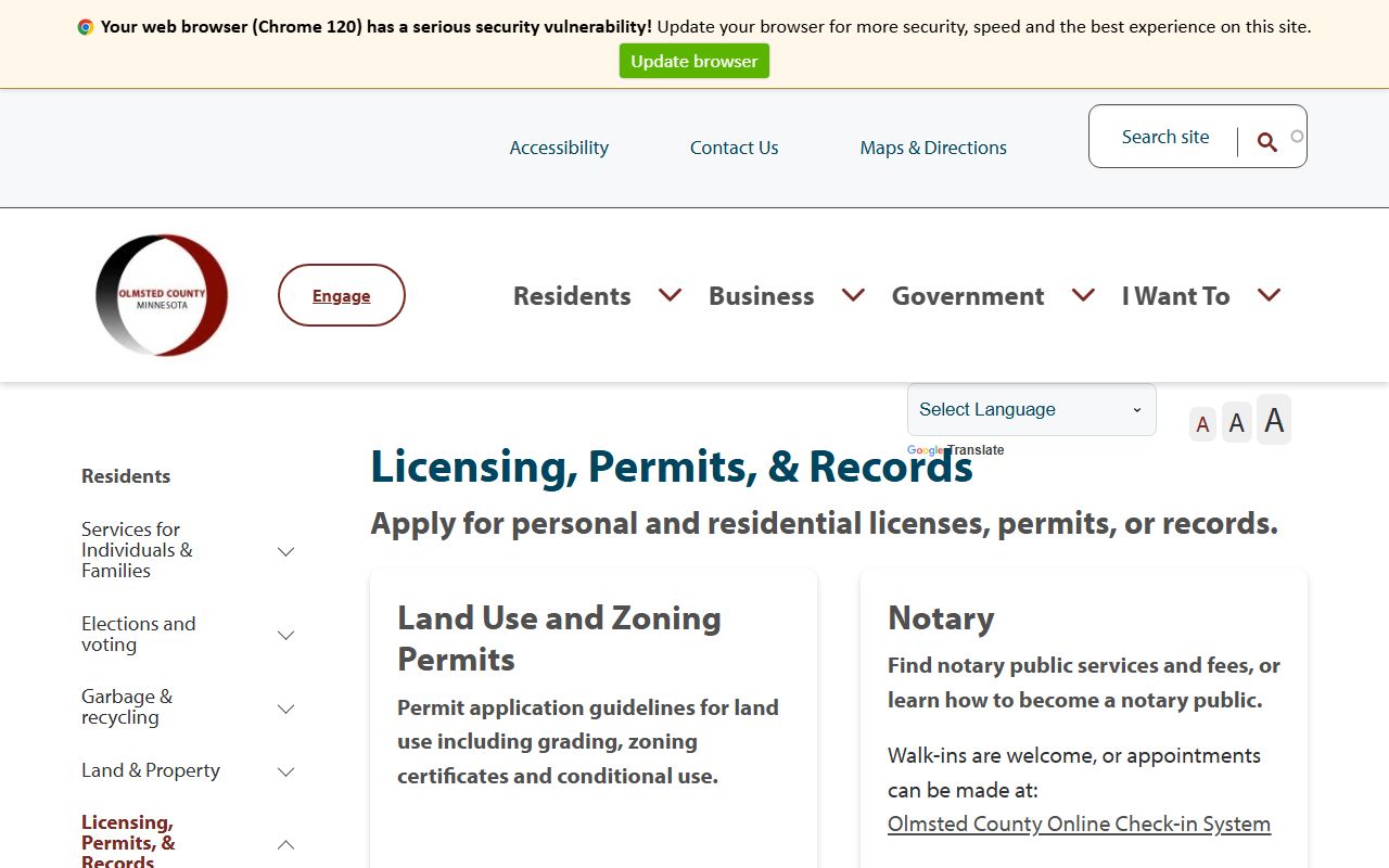 Olmsted County Property Records and Licensing department page handling marriage licenses in Rochester