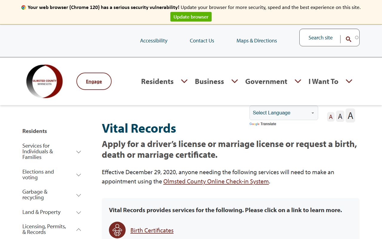 Olmsted County vital records page covering marriage license applications and certified copy requests in Rochester