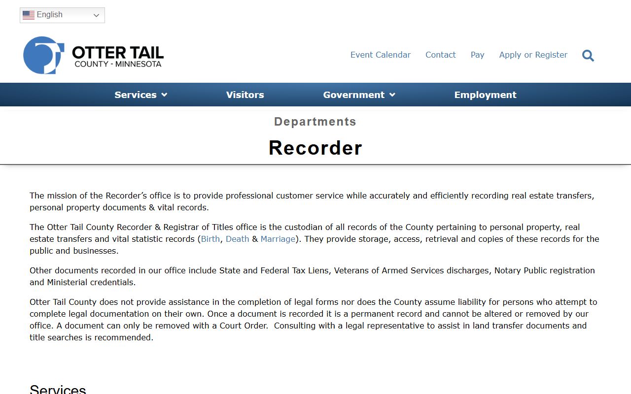 Otter Tail County Recorder office page in Fergus Falls showing marriage license services