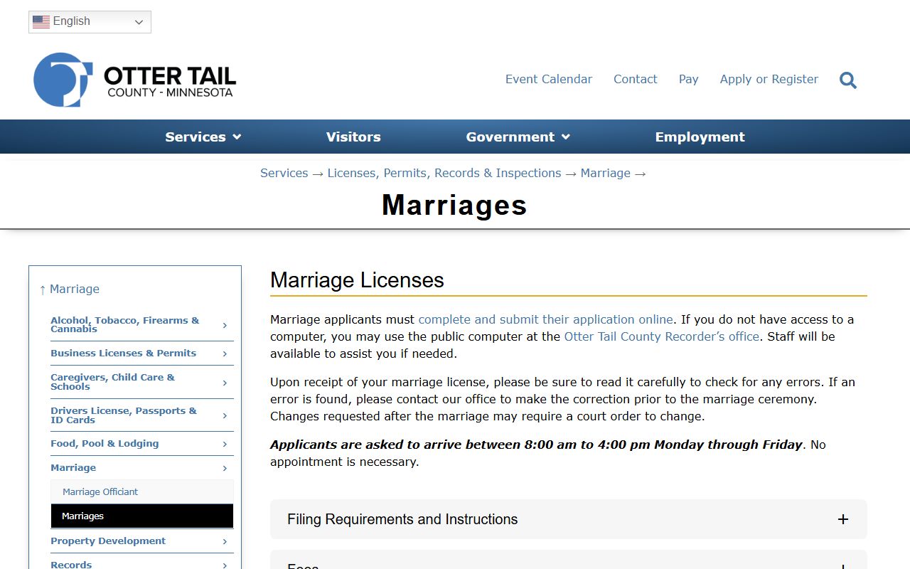 Otter Tail County marriage license information page showing requirements and process for Fergus Falls office