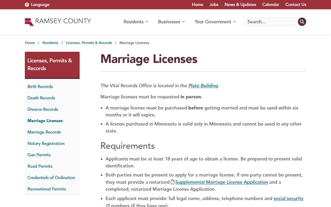 Ramsey County Vital Records marriage licenses page in St. Paul