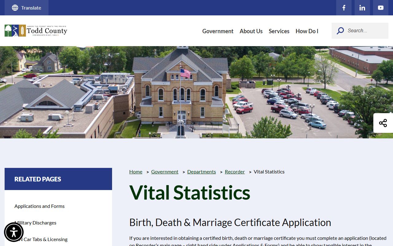 Todd County Recorder vital statistics page showing marriage license requirements and online application option in Long Prairie Minnesota