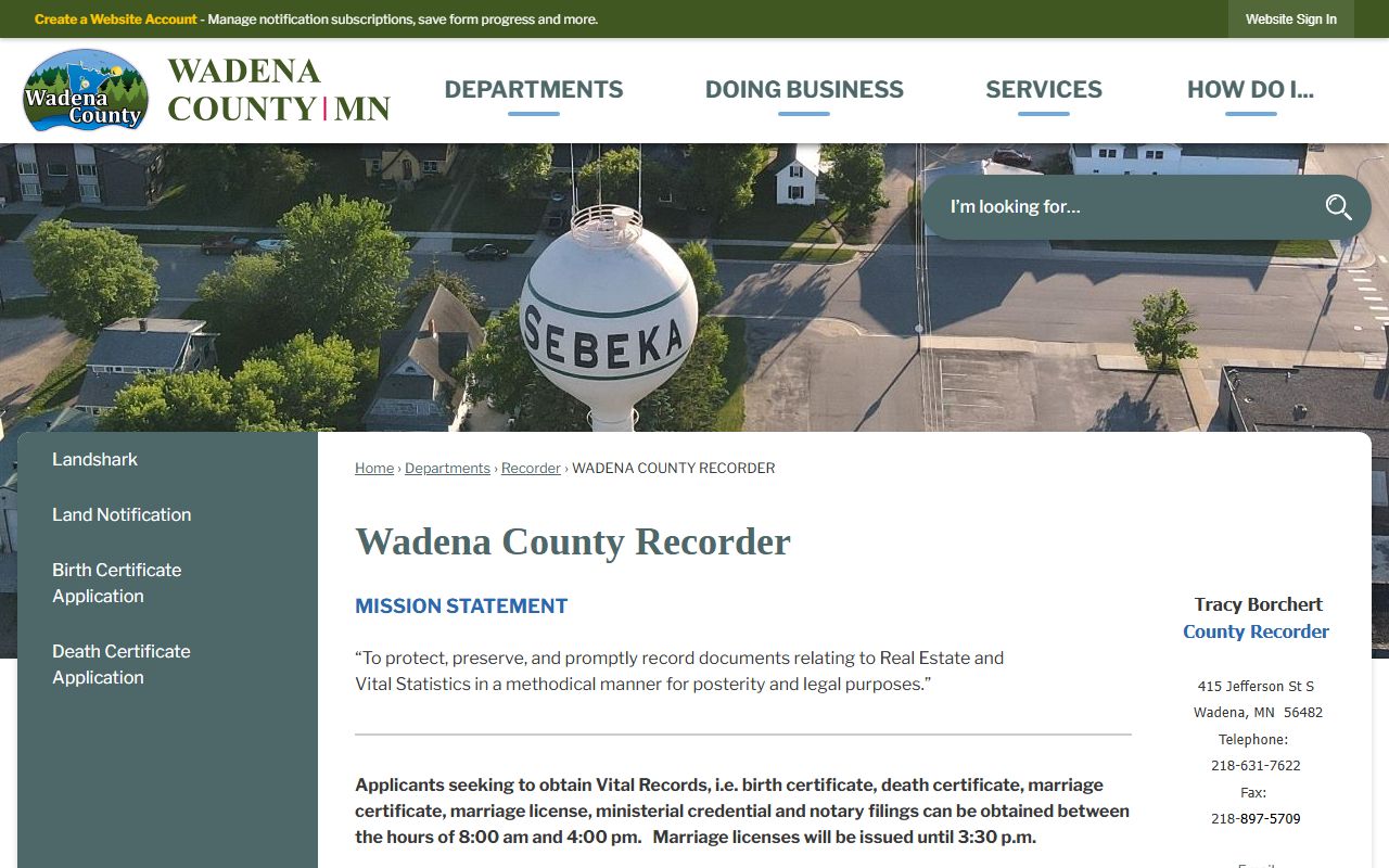 Wadena County Recorder office page for marriage license records