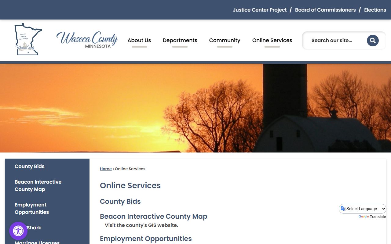 Waseca County online services page for marriage license applications