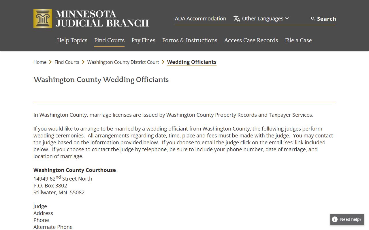 Washington County District Court court weddings page for marriage license ceremonies