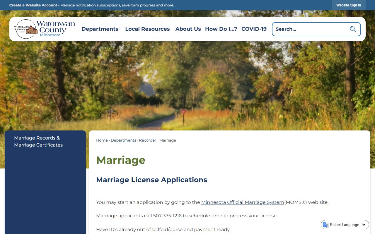 Watonwan County marriage license application page