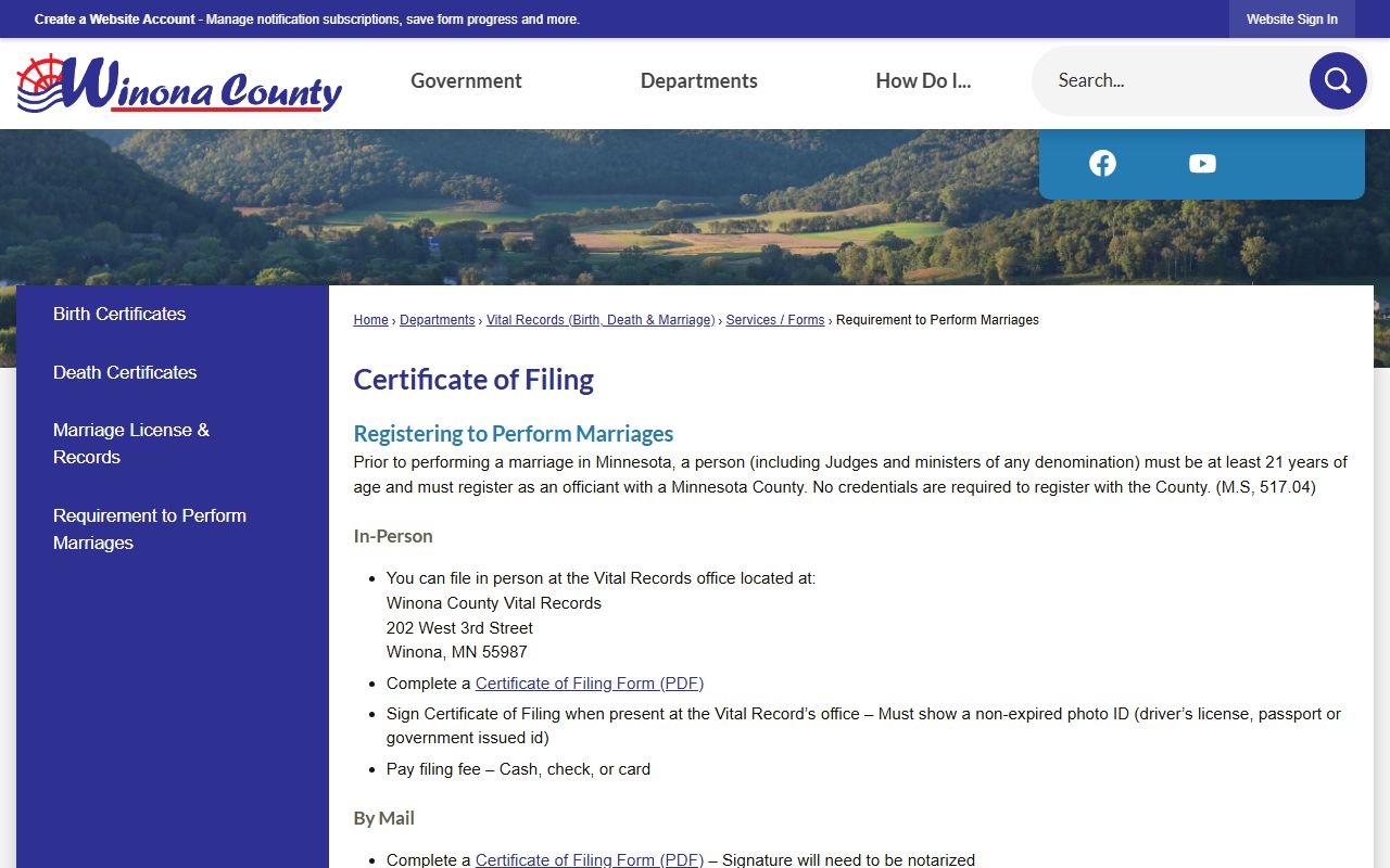Winona County requirements to perform marriages page for officiant information