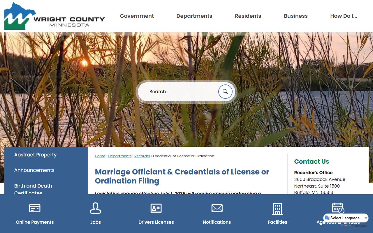 Wright County officiant credential information for marriage license ceremonies