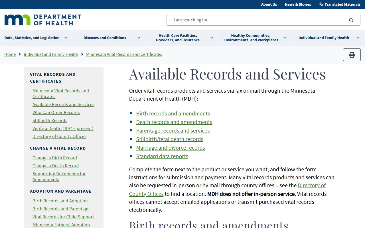 Minnesota MDH Available Records and Services - Minnesota Marriage License
