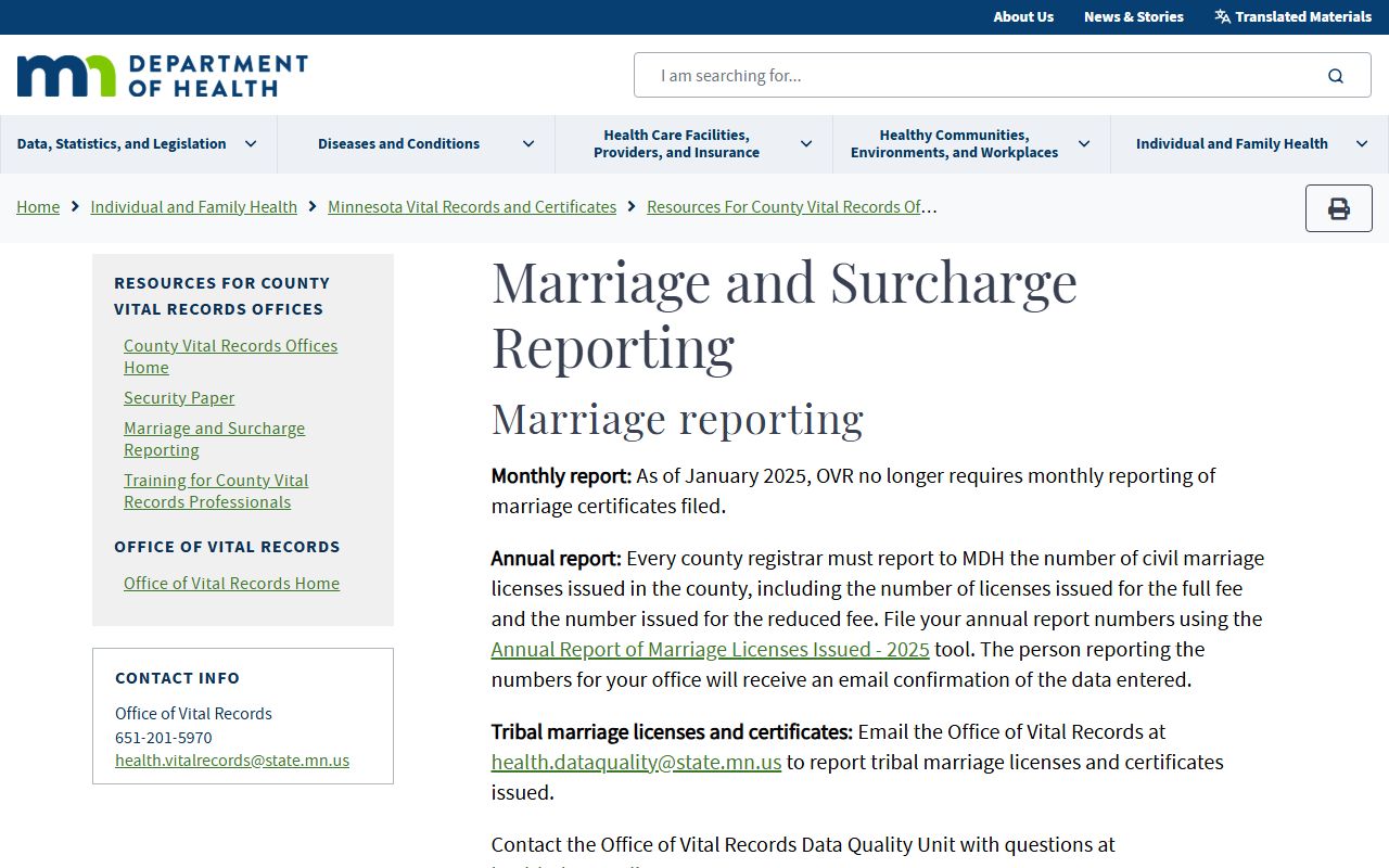 Minnesota MDH Marriage Reporting Page - Minnesota Marriage License