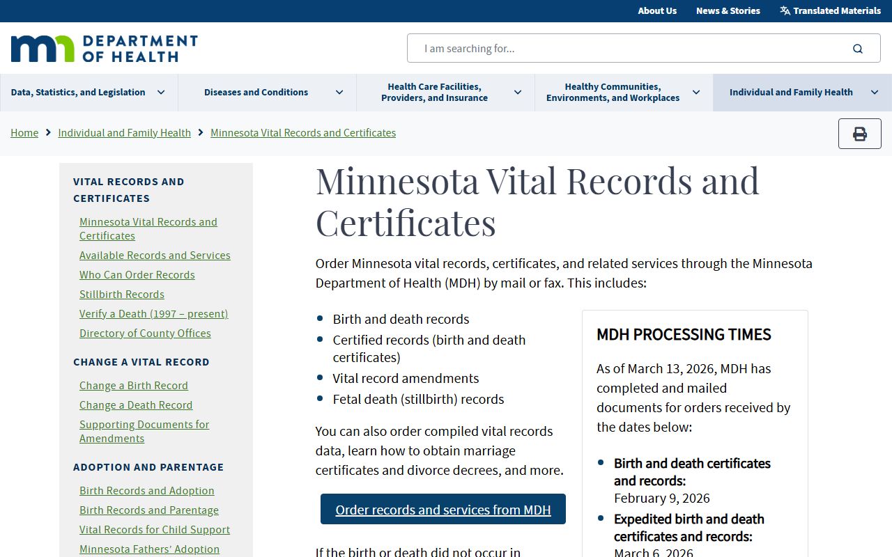 Minnesota Department of Health Vital Records page - Minnesota Marriage License