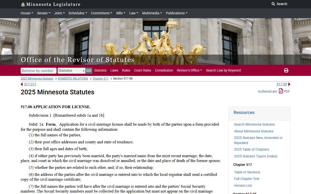 Minnesota Statute 517.08 Application for Minnesota Marriage License